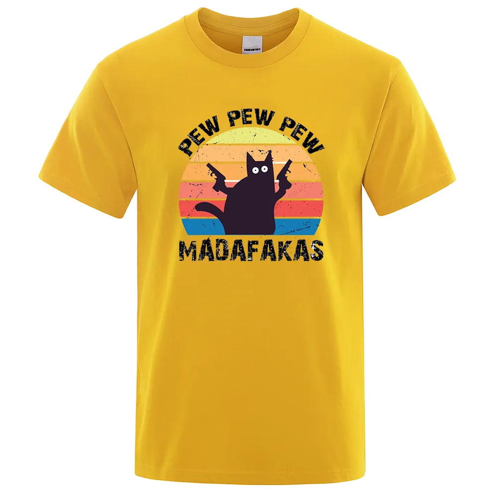 Pew Pew Madafaks Cat Personality Male Tops Oversized Cotton Tee Clothes Summer Street T Shirts Fashion Breathable Tshirt Man