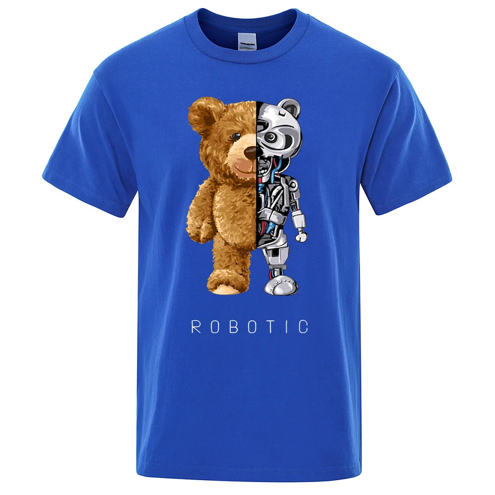 Funny Teddy Bear Robot Tshirt Robotic Bear Men Short Sleeve Fashion Casual Clothing Summer Cotton Tees Oversized Street T-Shirts