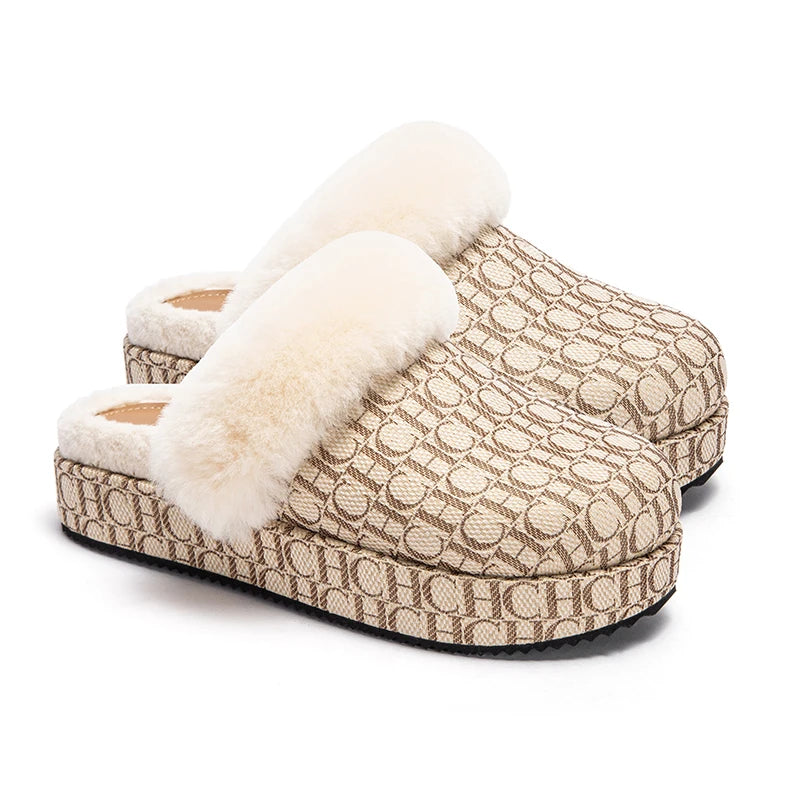 Chch Slippers Women's Flat Slippers Winter Wool Slippers Fashion Warm Slippers Letters Outdoor Home Golden Retriever Fluffy