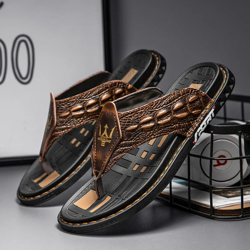 Leather men slippers summer high-end crocodile pattern flip-flops outdoor men fashion leisure business indoor home sandals 2022