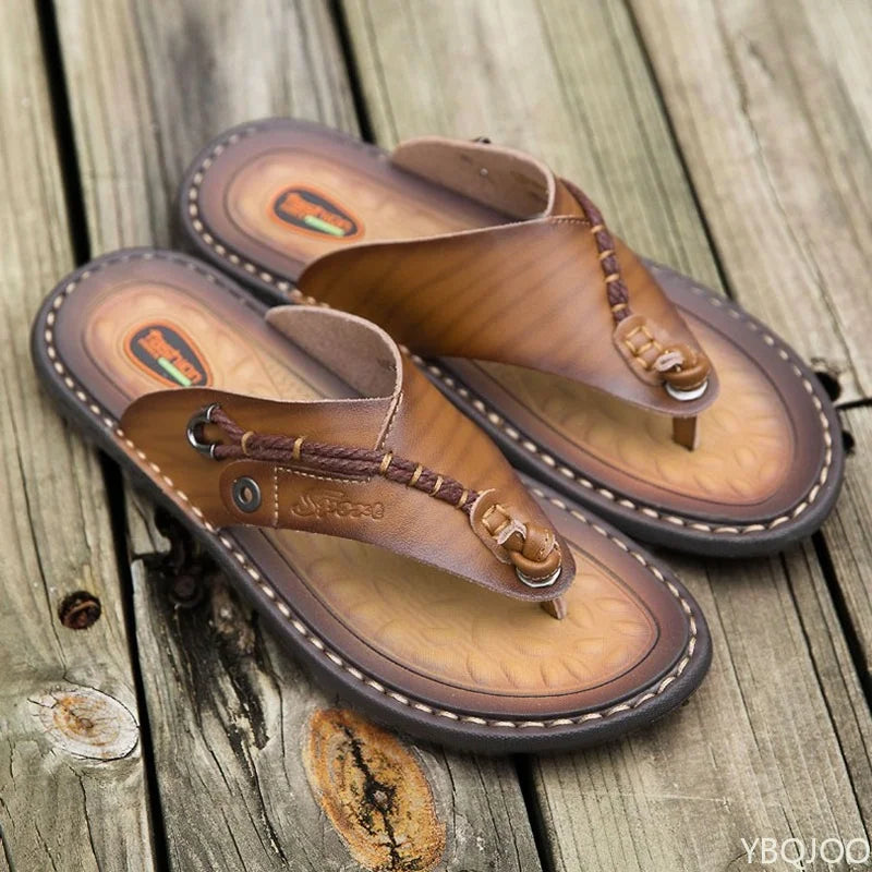 2023 Summer Handmade Leather Slippers Trendy Fashion Men's Flip-flops Outdoor Breathable Comfortable Men and Simple Sandals